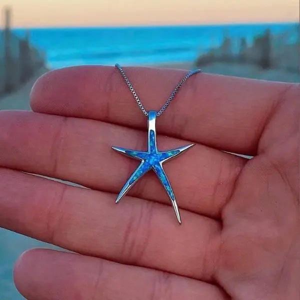 Silver Necklace with Star Seahorse Pendant and Blue Opal