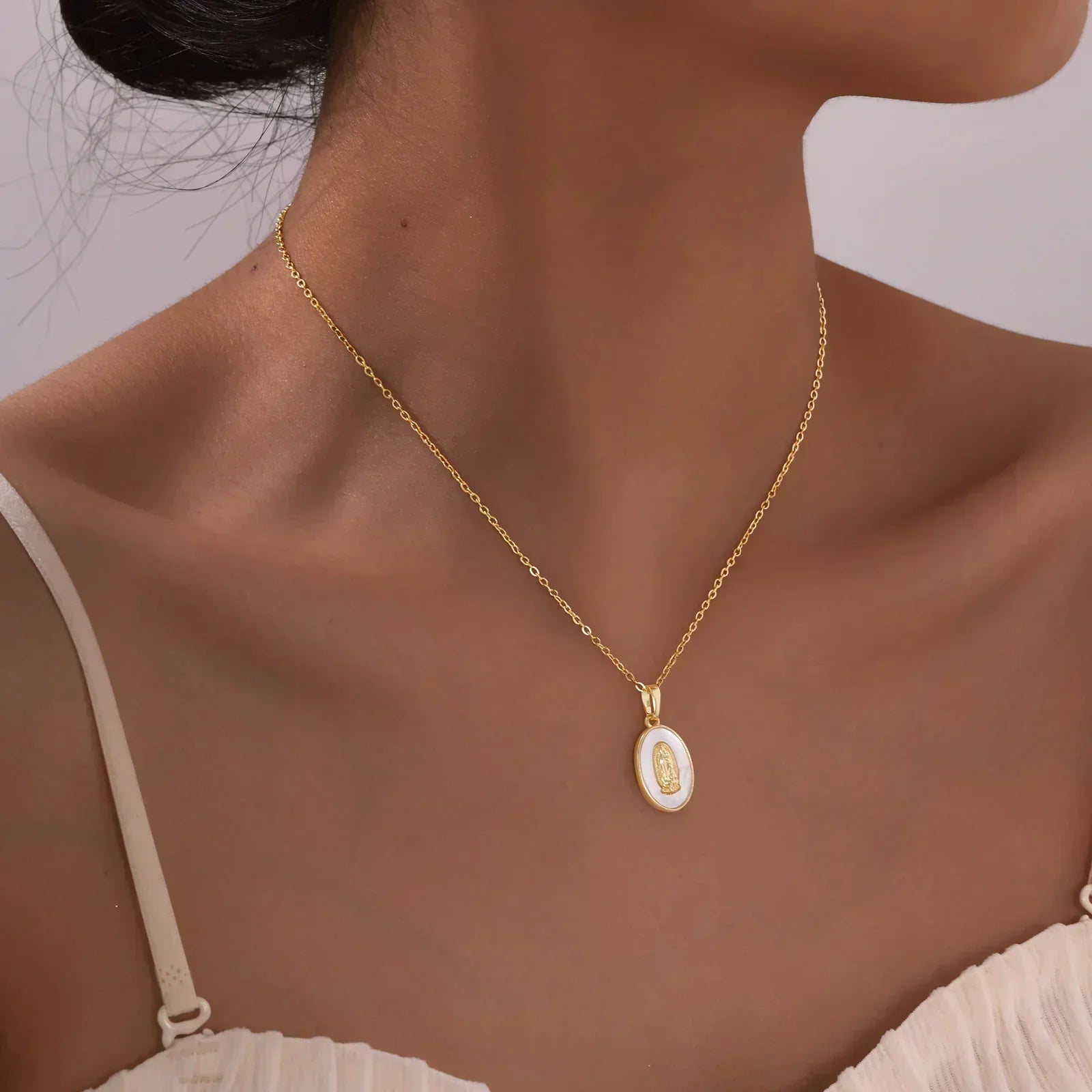 Necklace with Oval Virgin Pendant in Gold