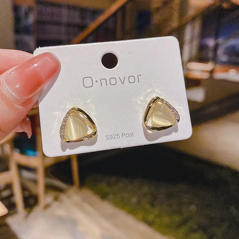 Elegant Triangle Earrings with Opal and Crystals
