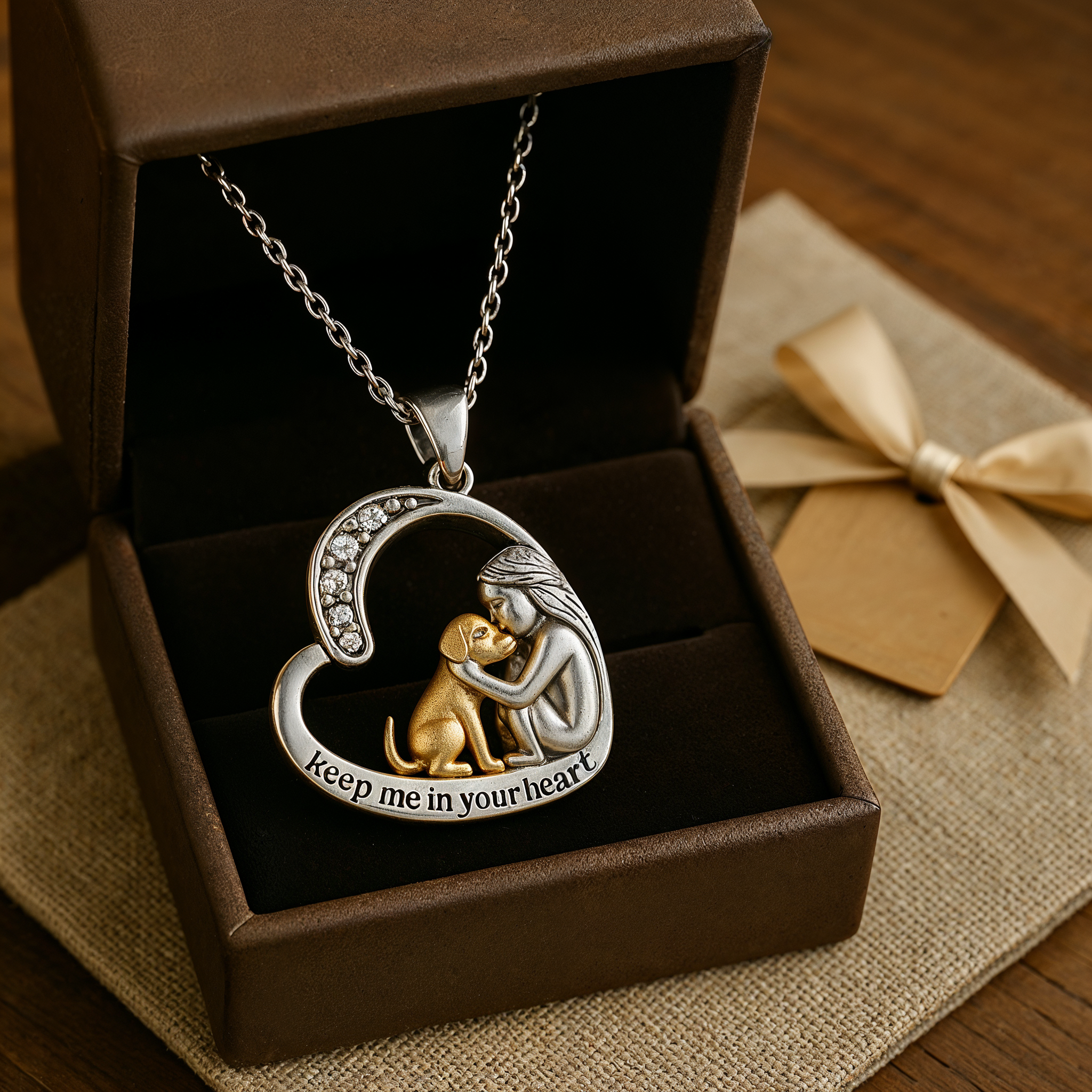 Silver Necklace with Heart Pendant, Dog Motif and Cubic Zirconia Stones
