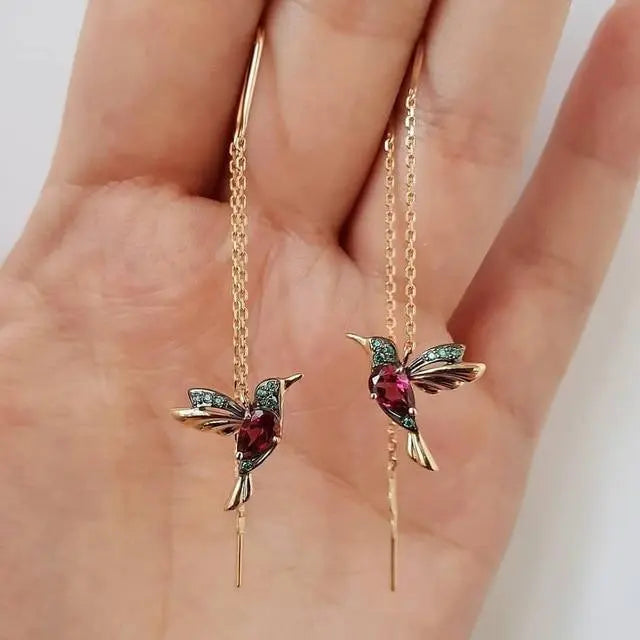 Earrings with Hummingbird in Gold and Crystals