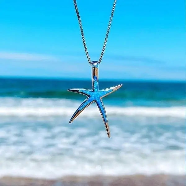 Silver Necklace with Star Seahorse Pendant and Blue Opal