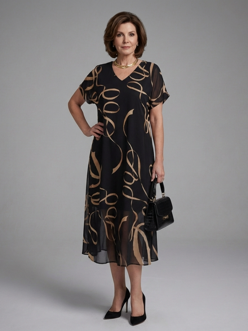 Adèle – Fluid Midi Dress with Abstract Print
