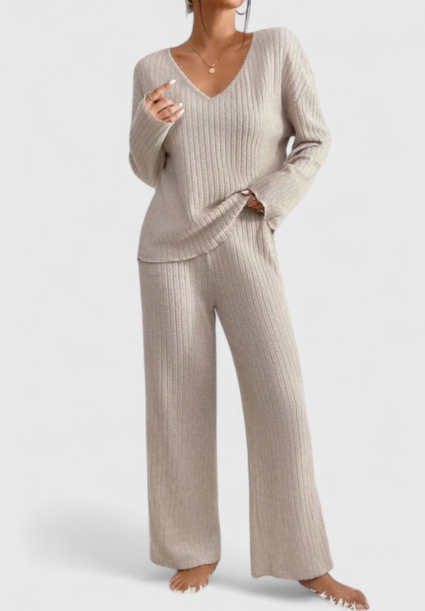 Angeline™ Comfortable Set | V-neck Jumper and Wide Rib Trousers