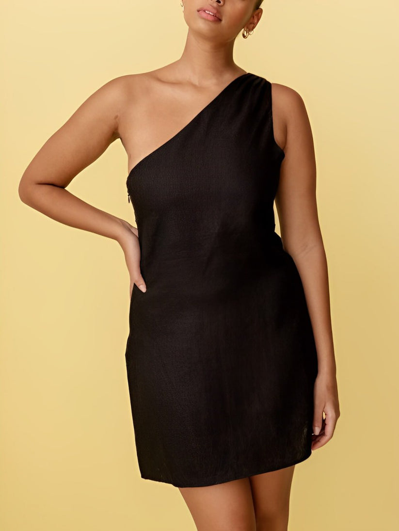 Linen Mini Dress with One Shoulder and Asymmetric Neckline