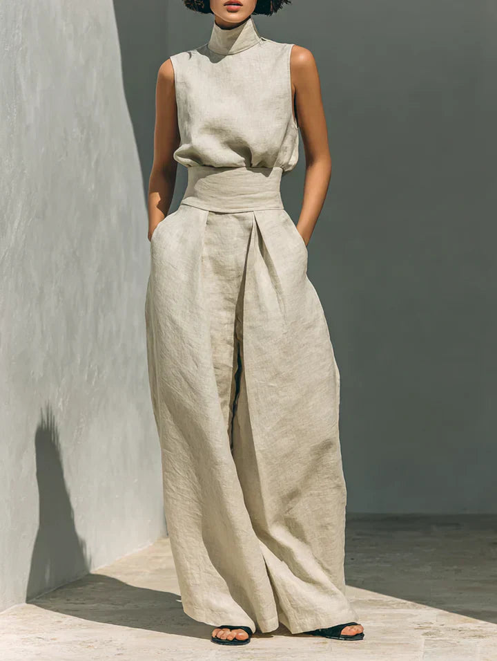 Flor™ | Minimalist Two-Piece Set of Tank Top and Wide-Leg Trousers in Cotton and Linen for Women