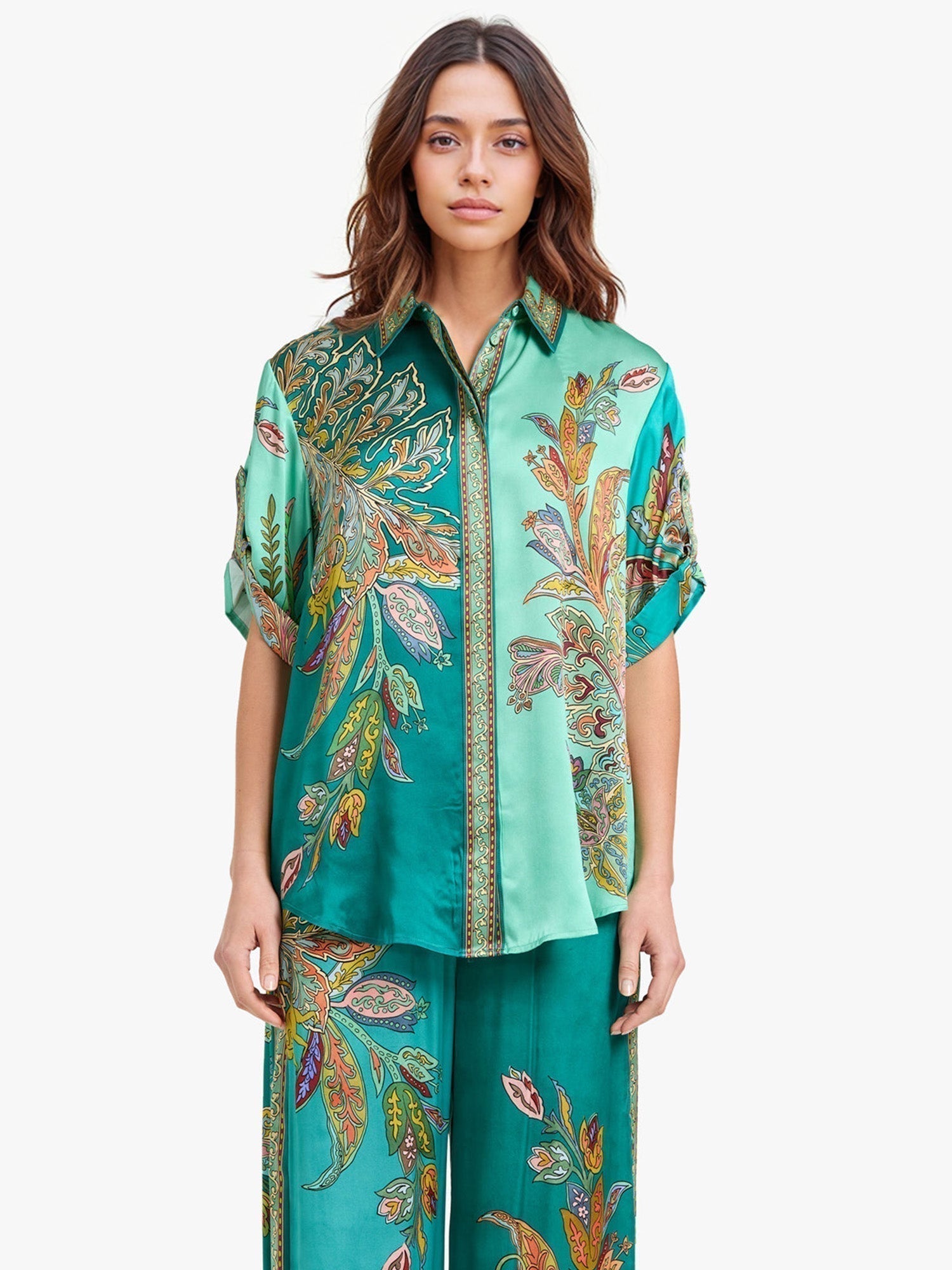 Eliza™ Elegant Two-Piece Set | Paisley-Print Shirt and Wide Trousers