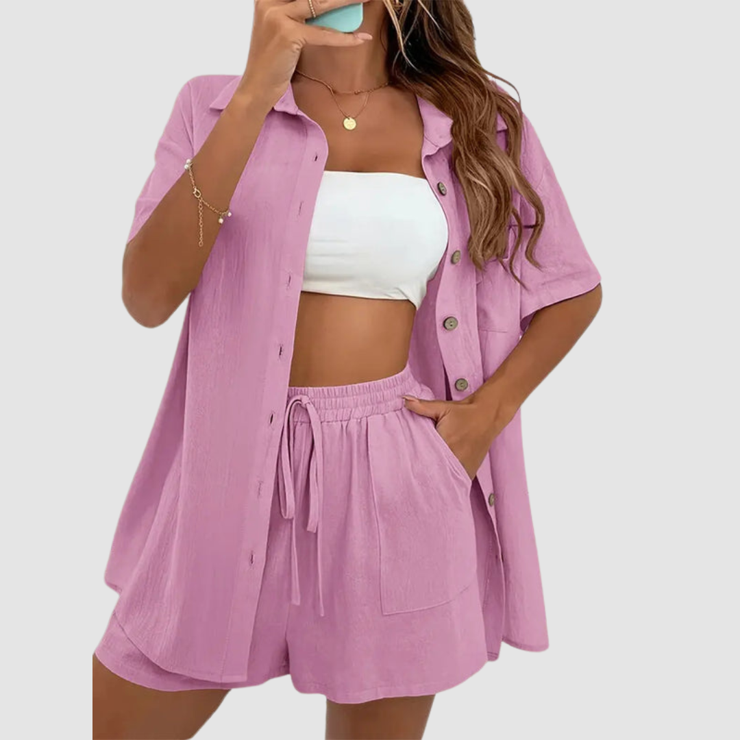 Frances™ Elegant Summer Two-Piece Set | Short Sleeve Button-Up Top and Drawstring Shorts