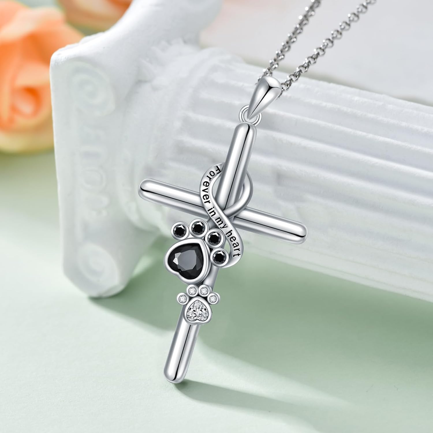 Silver Pendant with Paw Print and Cross