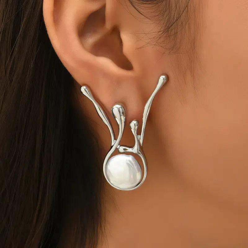 Antique irregular silver pearl drop earrings | White gold