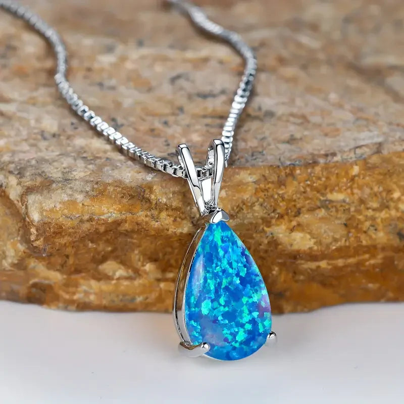 Azure Opal Droplet-Shaped Necklace | White Gold
