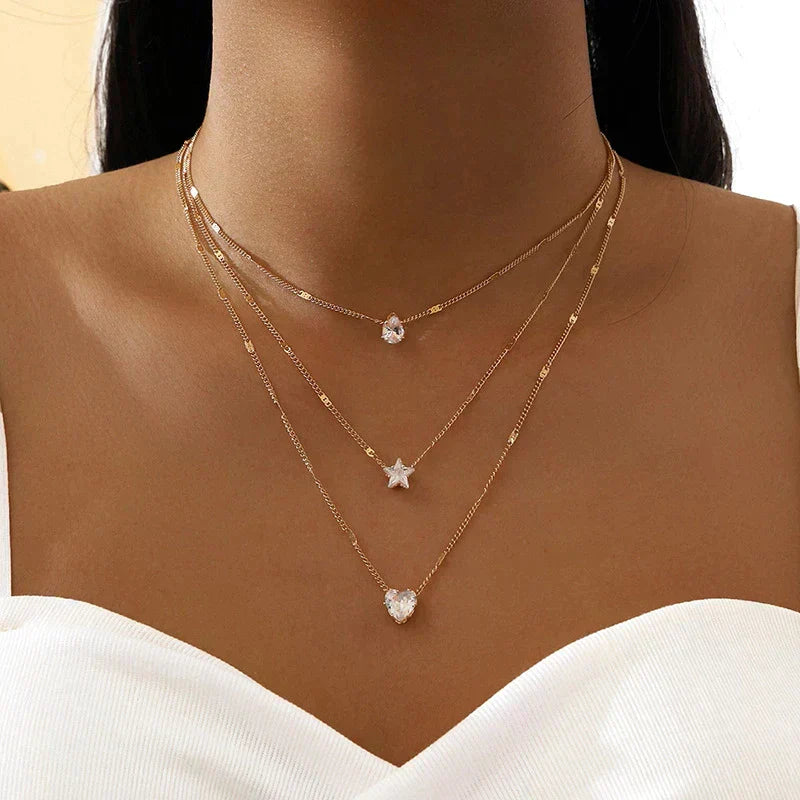 Necklace with Triple Charms and Zirconia in Gold