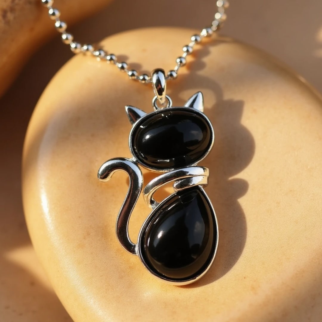 Necklace with Cat Pendant Made of Natural Stone