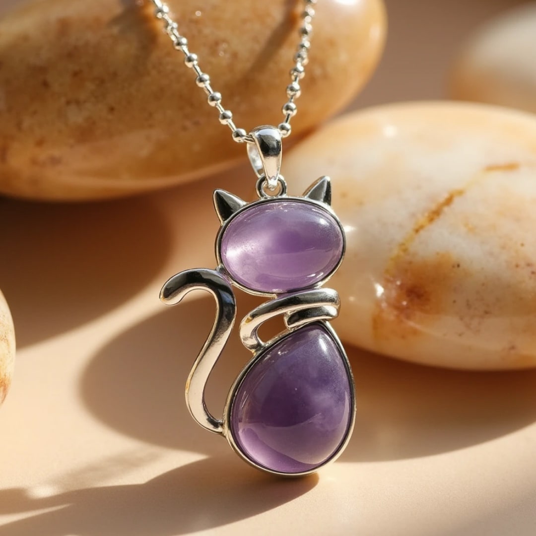 Necklace with Cat Pendant Made of Natural Stone