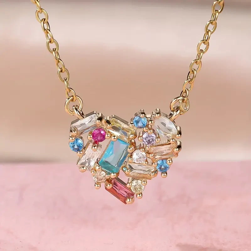 Colourful, sparkling heart-shaped necklace | Gold