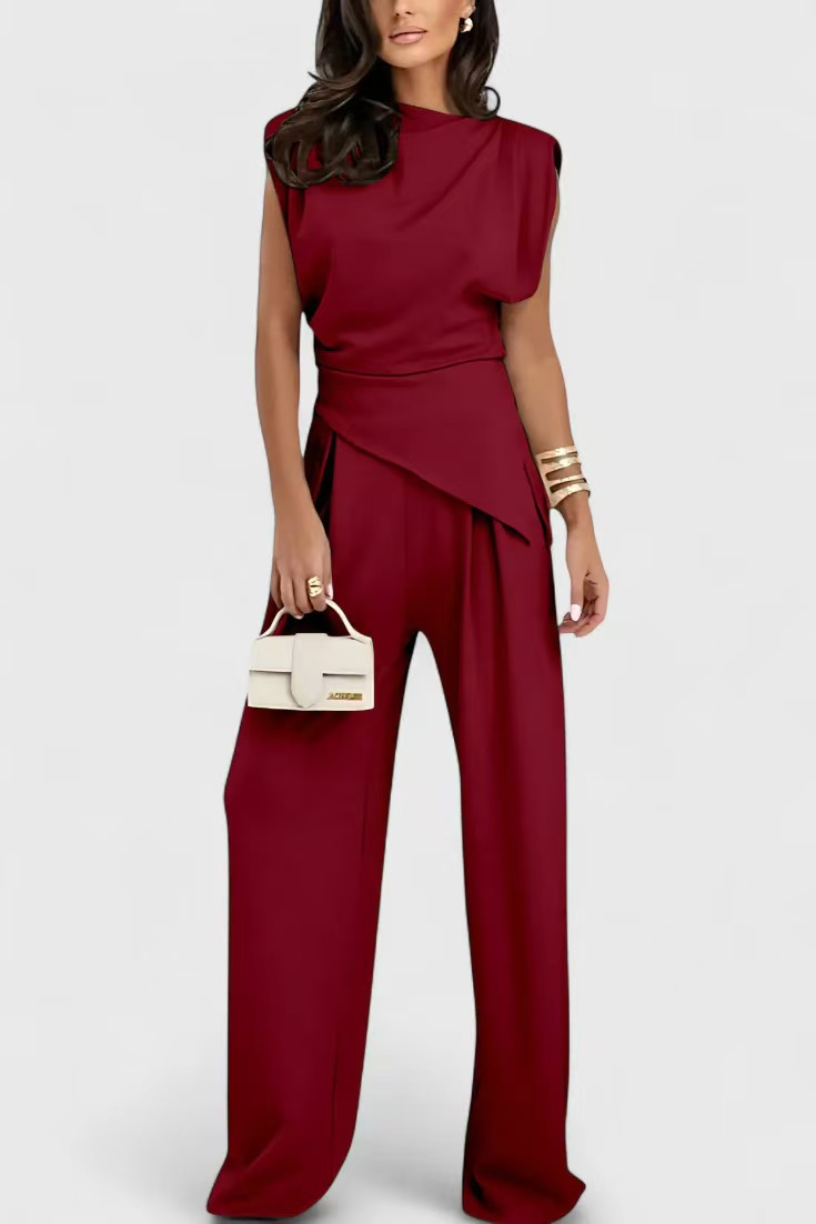 Diann™ Elegant Two-Piece Set | Draped Top and Wide Leg Trousers