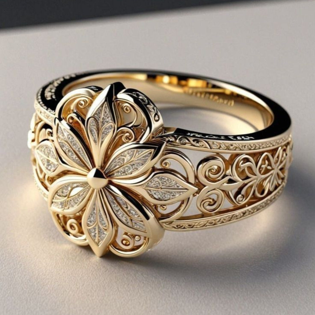 Gold ring with flower-shaped zirconia