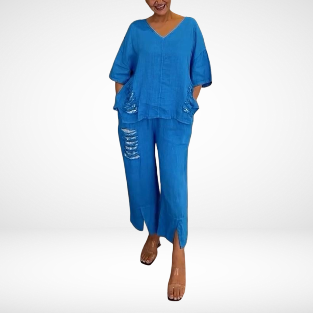 Briella™ Elegant Two-Piece Summer Set | V-Neck Top and Wide Trousers