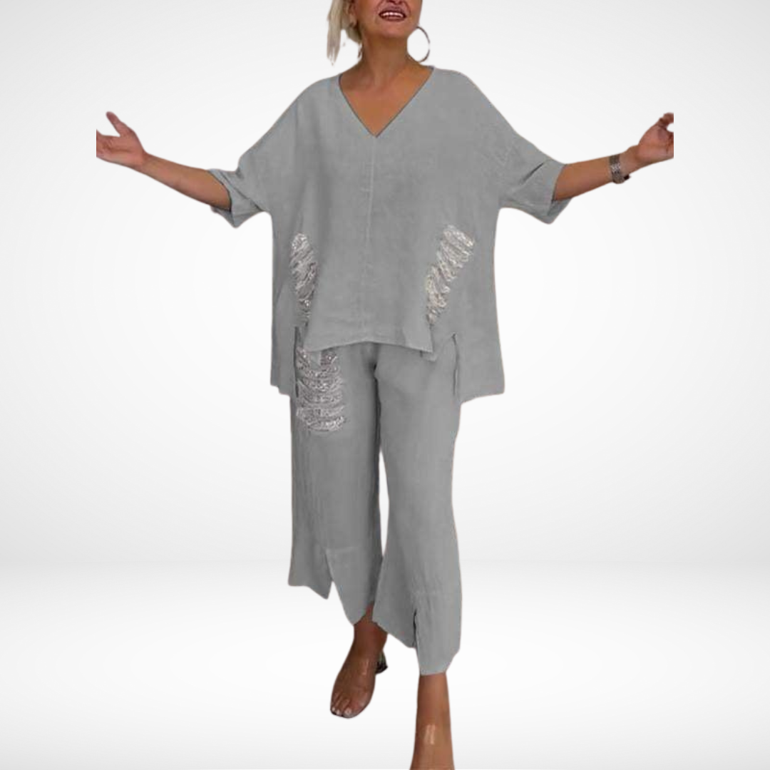 Briella™ Elegant Two-Piece Summer Set | V-Neck Top and Wide Trousers