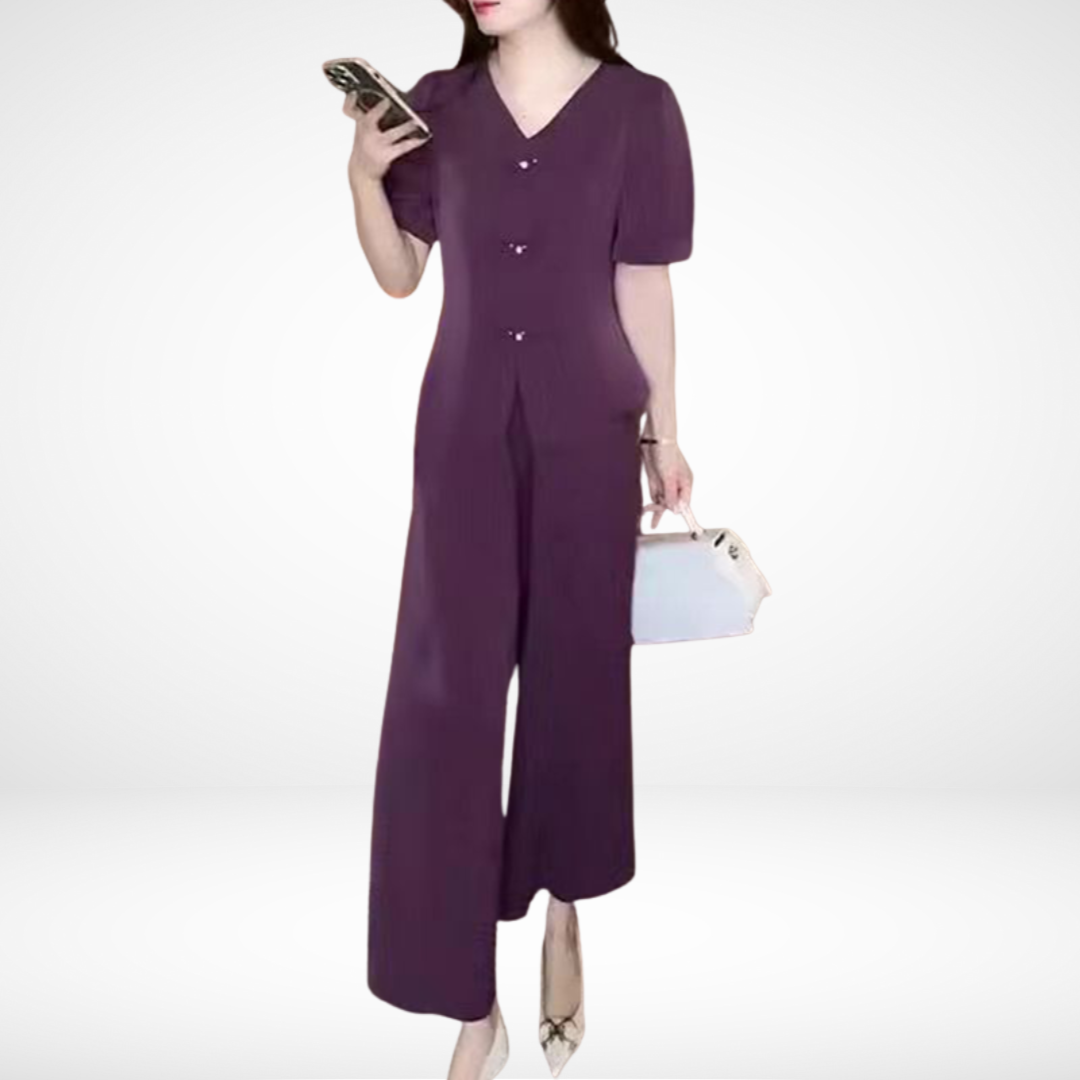 Elsie™ Elegant Short Sleeve Two-Piece Set | V-Neck Top and Wide Trousers