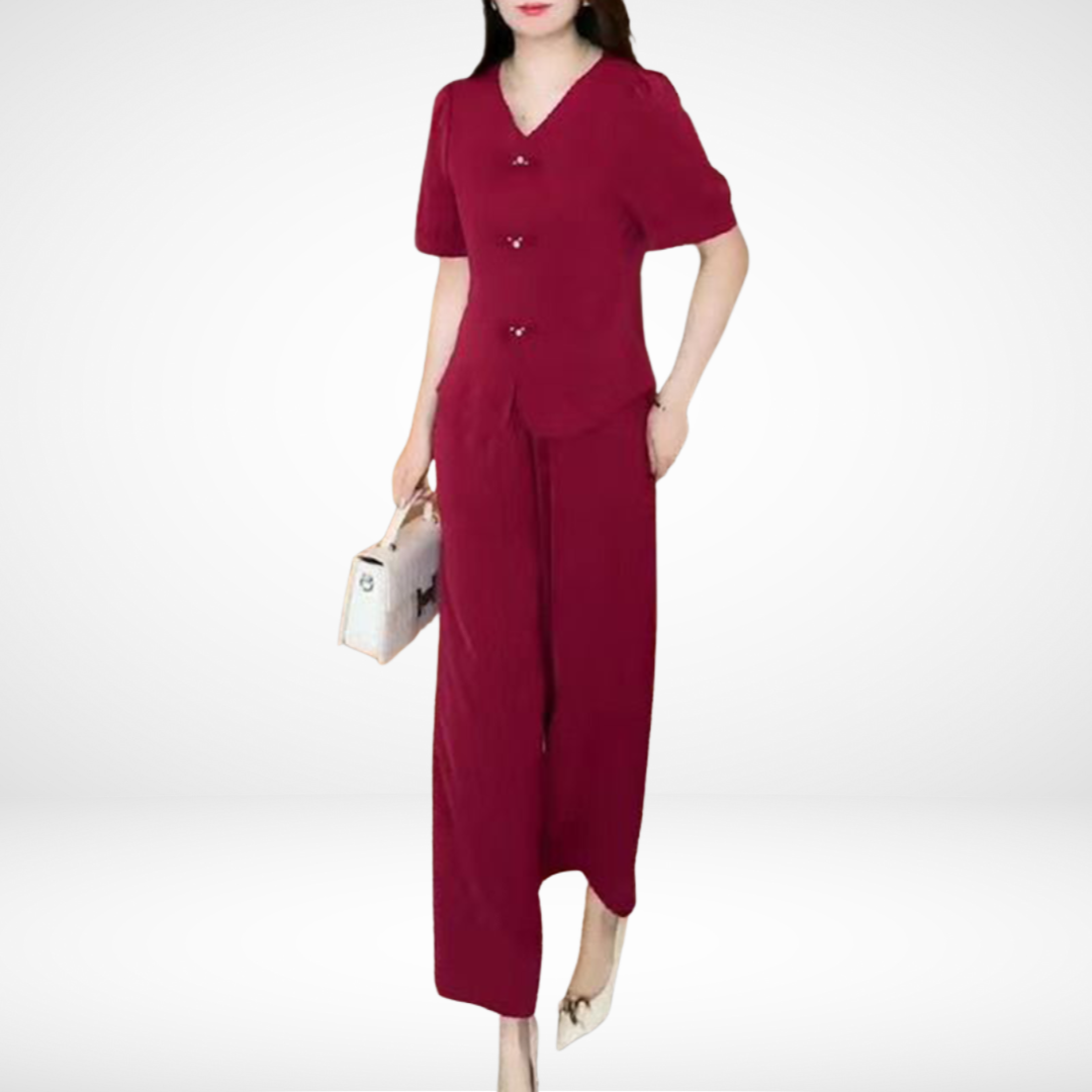 Elsie™ Elegant Short Sleeve Two-Piece Set | V-Neck Top and Wide Trousers