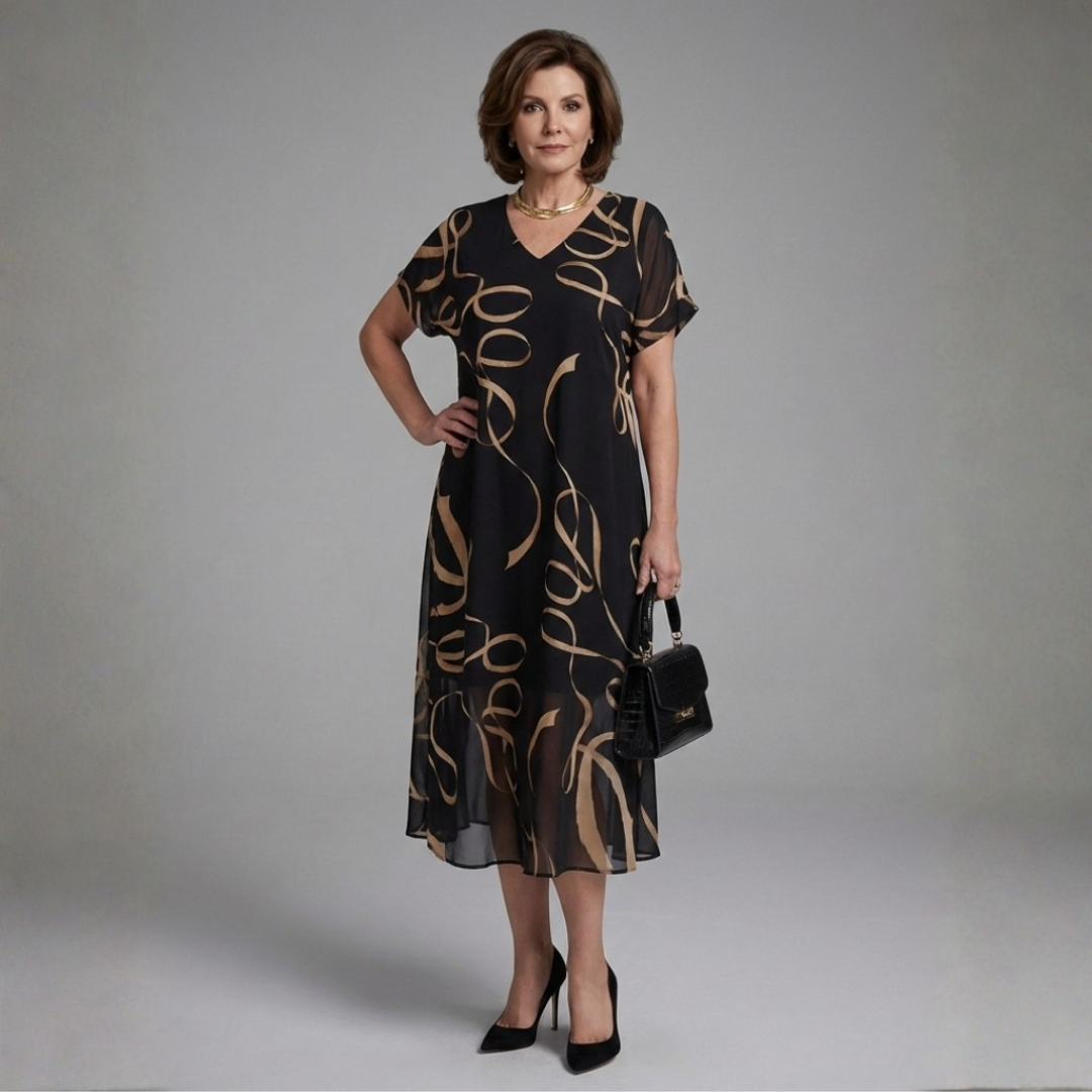 Adèle – Fluid Midi Dress with Abstract Print