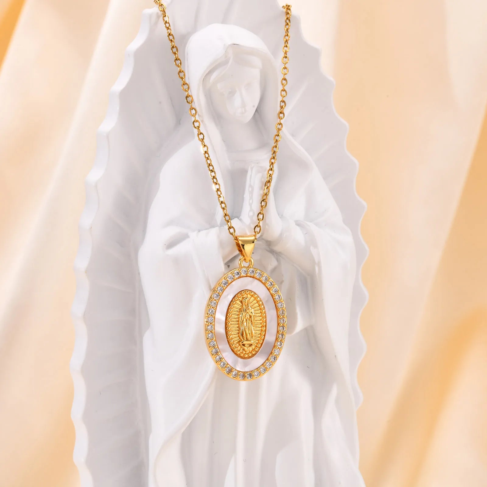 Necklace with Oval Virgin Pendant in Gold