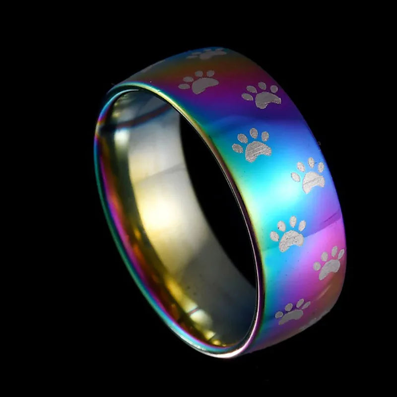 Handcrafted Rainbow-Coloured Stainless Steel Ring with Paw Print