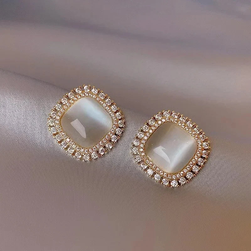 Chic Square Stud Earrings with Opal and Zirconia
