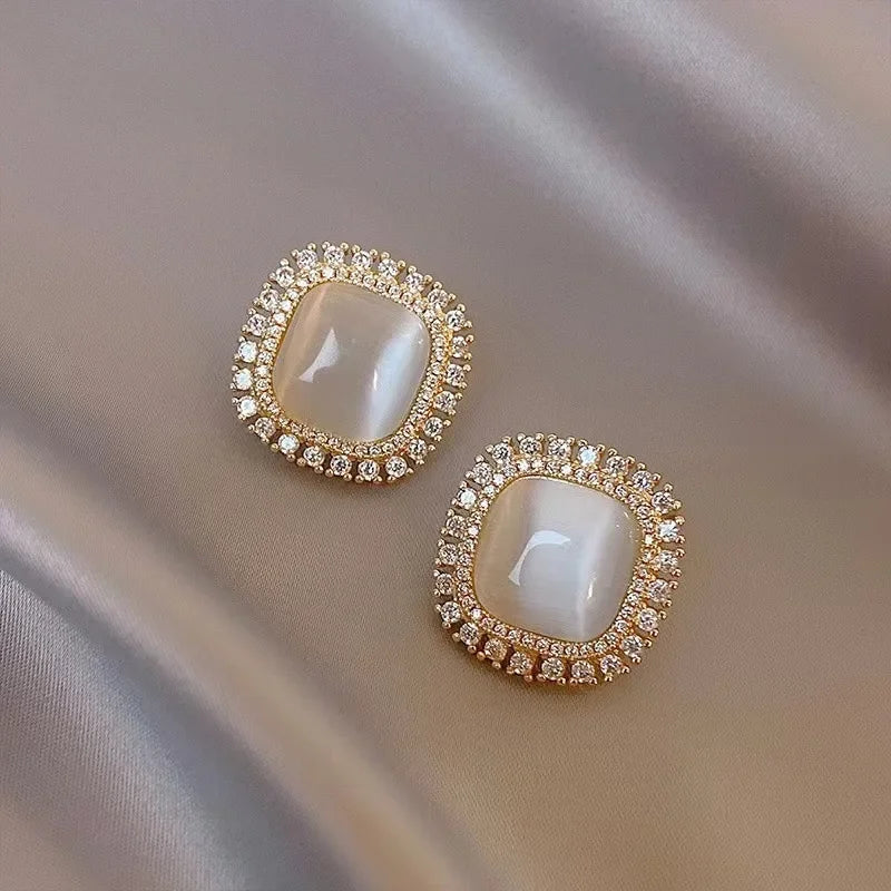 Chic Square Stud Earrings with Opal and Zirconia