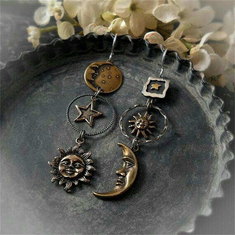 Hanging Earrings with Sun and Moon Charm