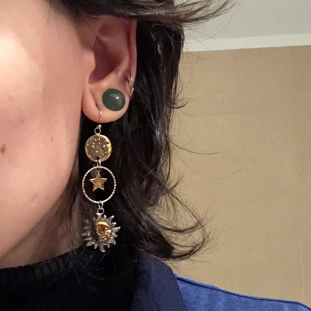 Hanging Earrings with Sun and Moon Charm