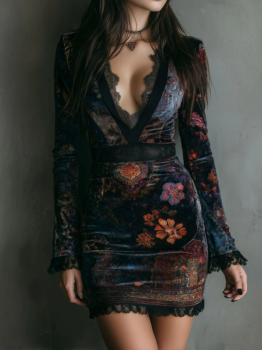 Floral Print V-Neck Velvet Mini Dress with Lace Trim