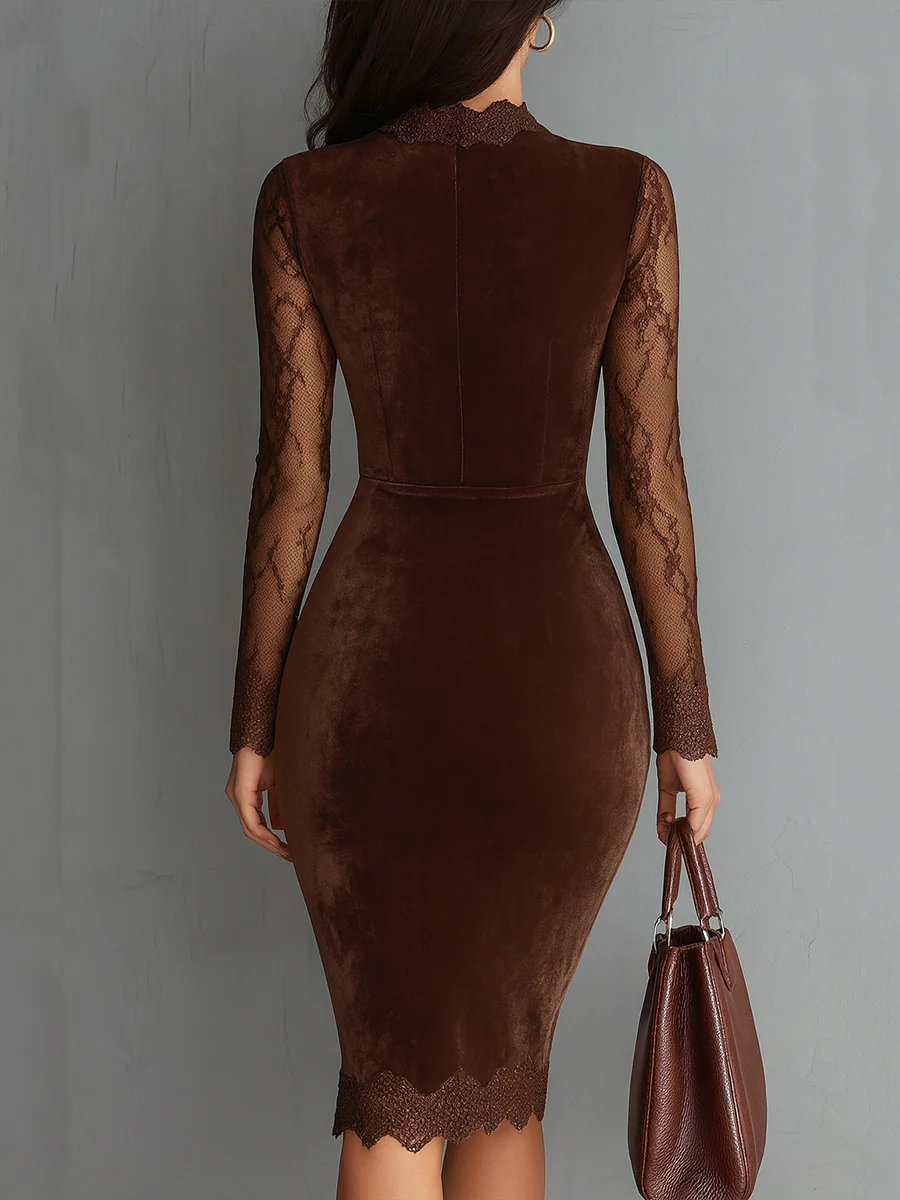 Brown Vintage Keyhole Neckline Lace Sleeves Velvet Mini Dress