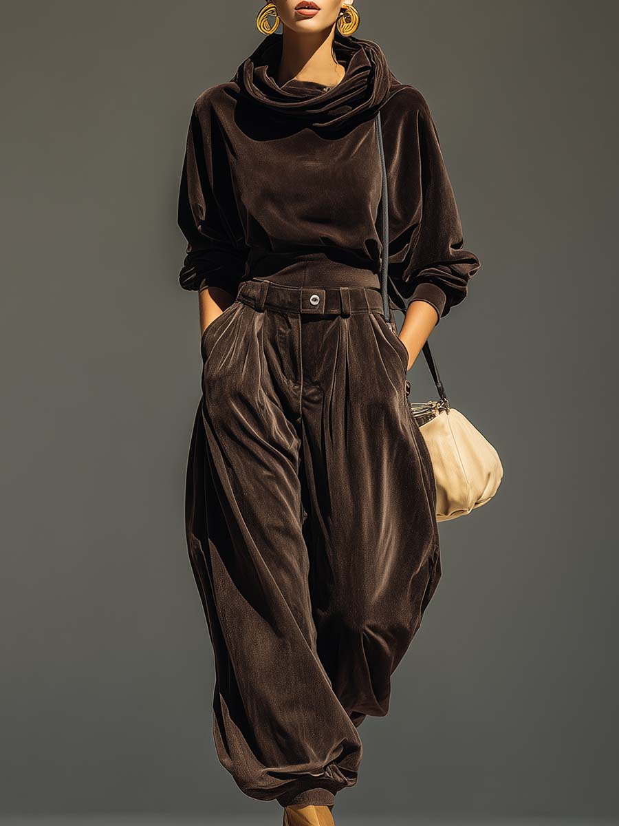 Vintage Brown Velvet Hoodie and Loose Trouser Set (Including Belt)