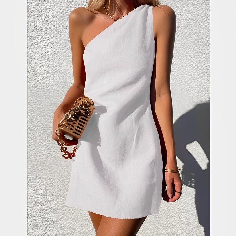 Linen Mini Dress with One Shoulder and Asymmetric Neckline