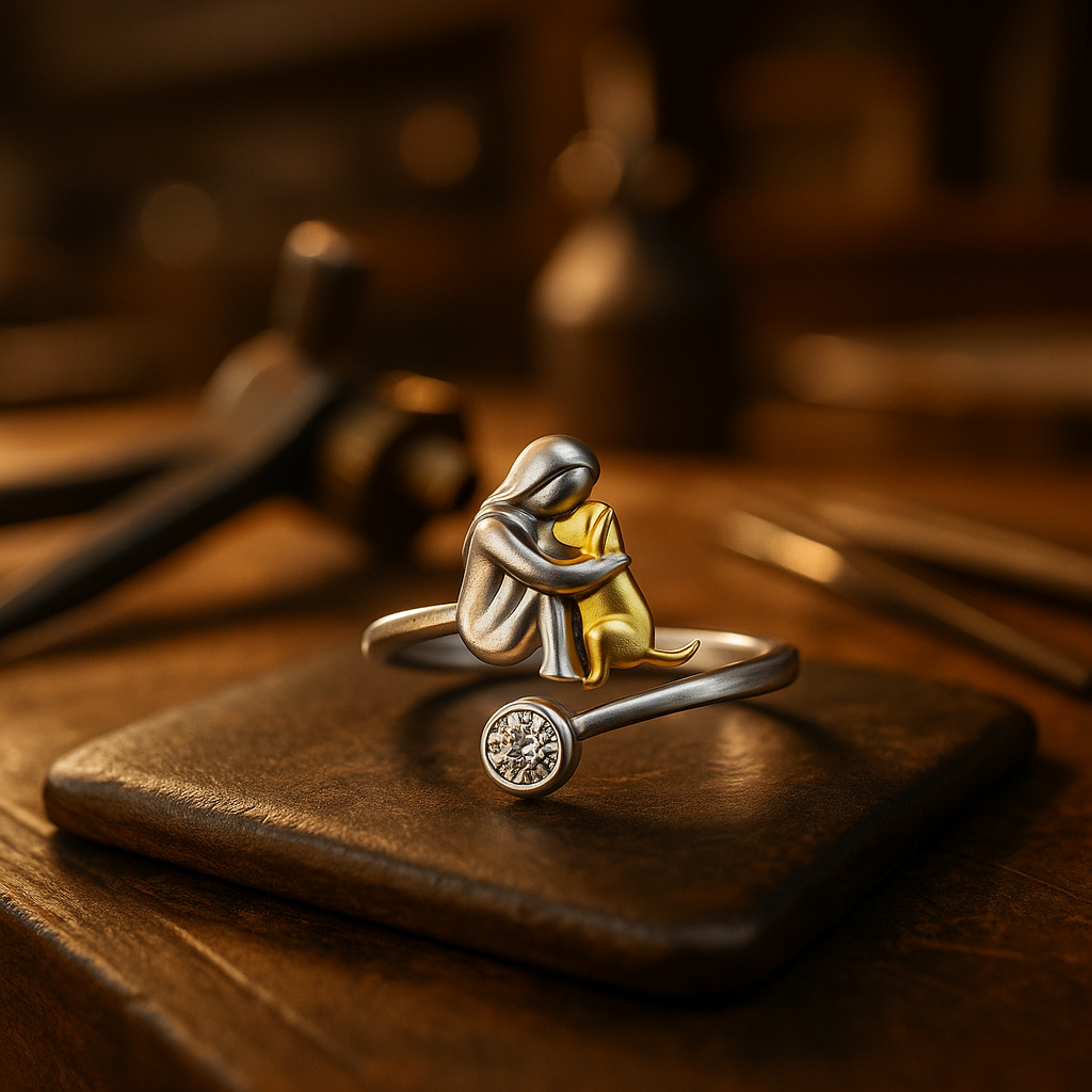 Silver ring with puppy and zirconia stones.