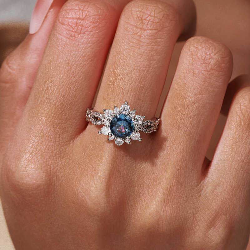 Crystal turquoise flower ring | White gold