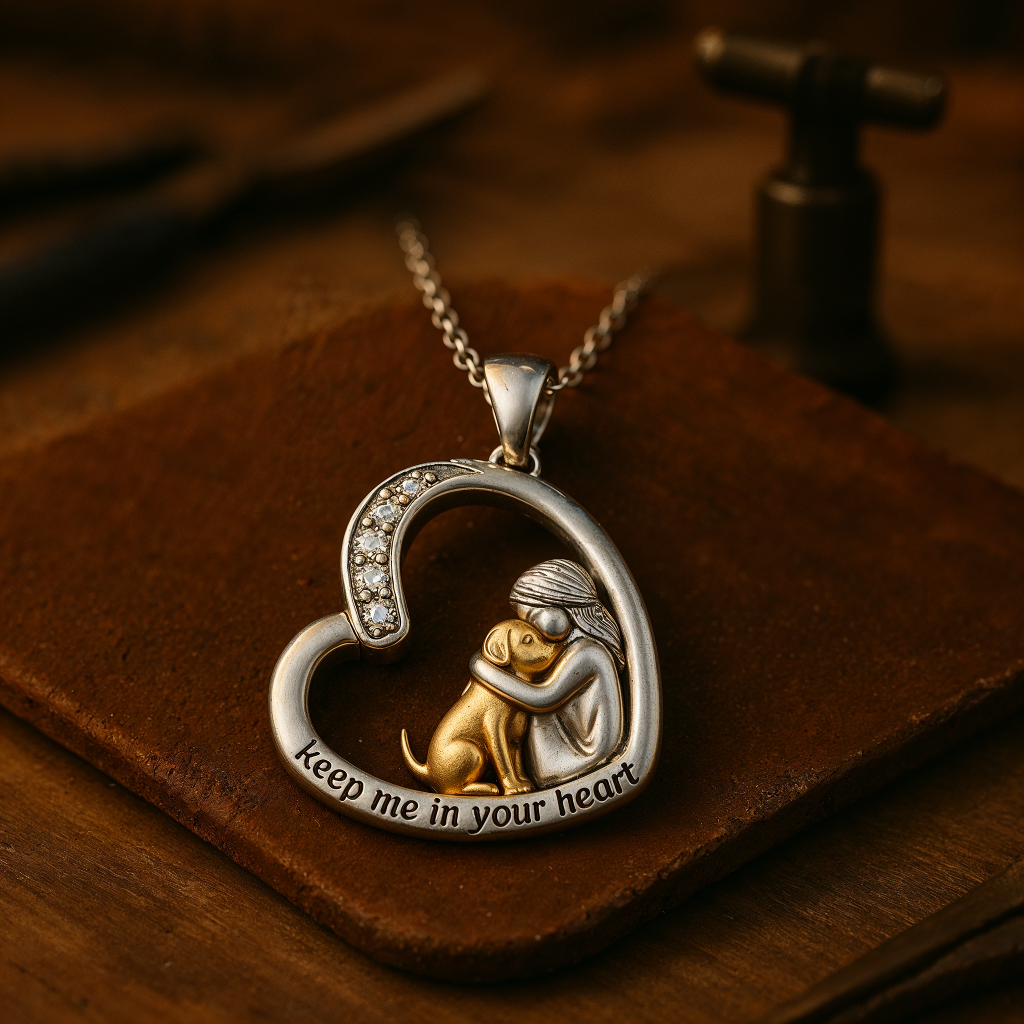 Silver Necklace with Heart Pendant, Dog Motif and Cubic Zirconia Stones