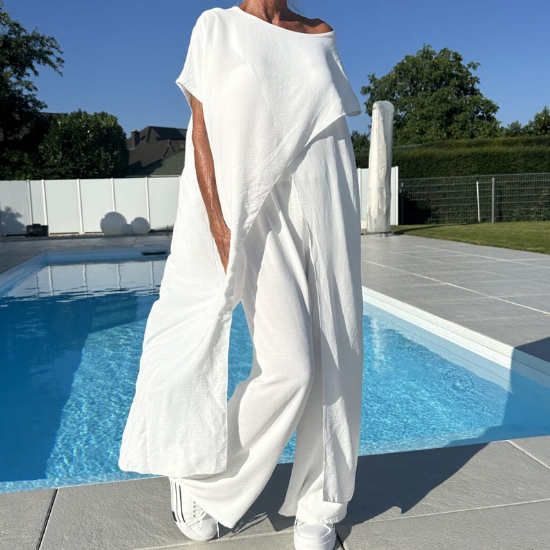 Gabbie™ Elegant Off-Shoulder Two-Piece Set | Relaxed Top and Wide Trousers