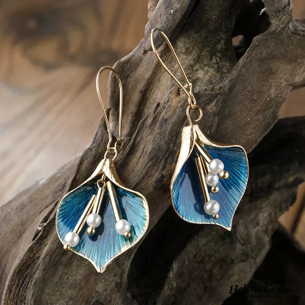 Earrings with Lily Design in Gold and Blue with Pearls